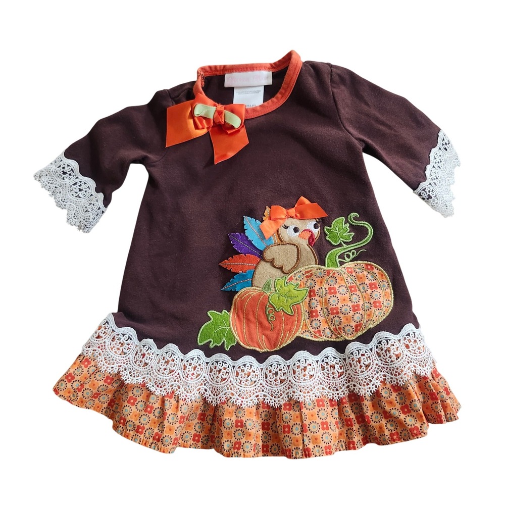 Bonnie Baby Thanksgiving Turkey Pumpkin Lace Ruffle Dress Brown 3-6M W06253-PT